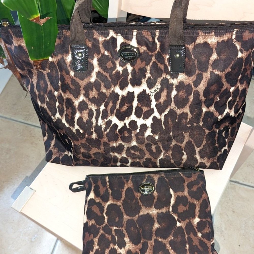 Coach Ocelot Leopard Brown Mahogany Packable Weekender Nylon Large Tote Bag